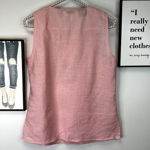 Edward 100% Irish Linen Pink Sleeveless Vneck Top with Beaded Design SZ S - Picture 6 of 6